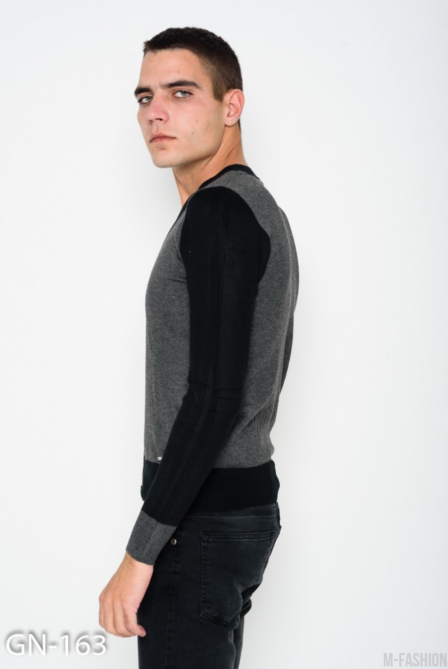 Темно-серый ангоровый свитер с пуговицами и V-образной горловиной- Фото 2