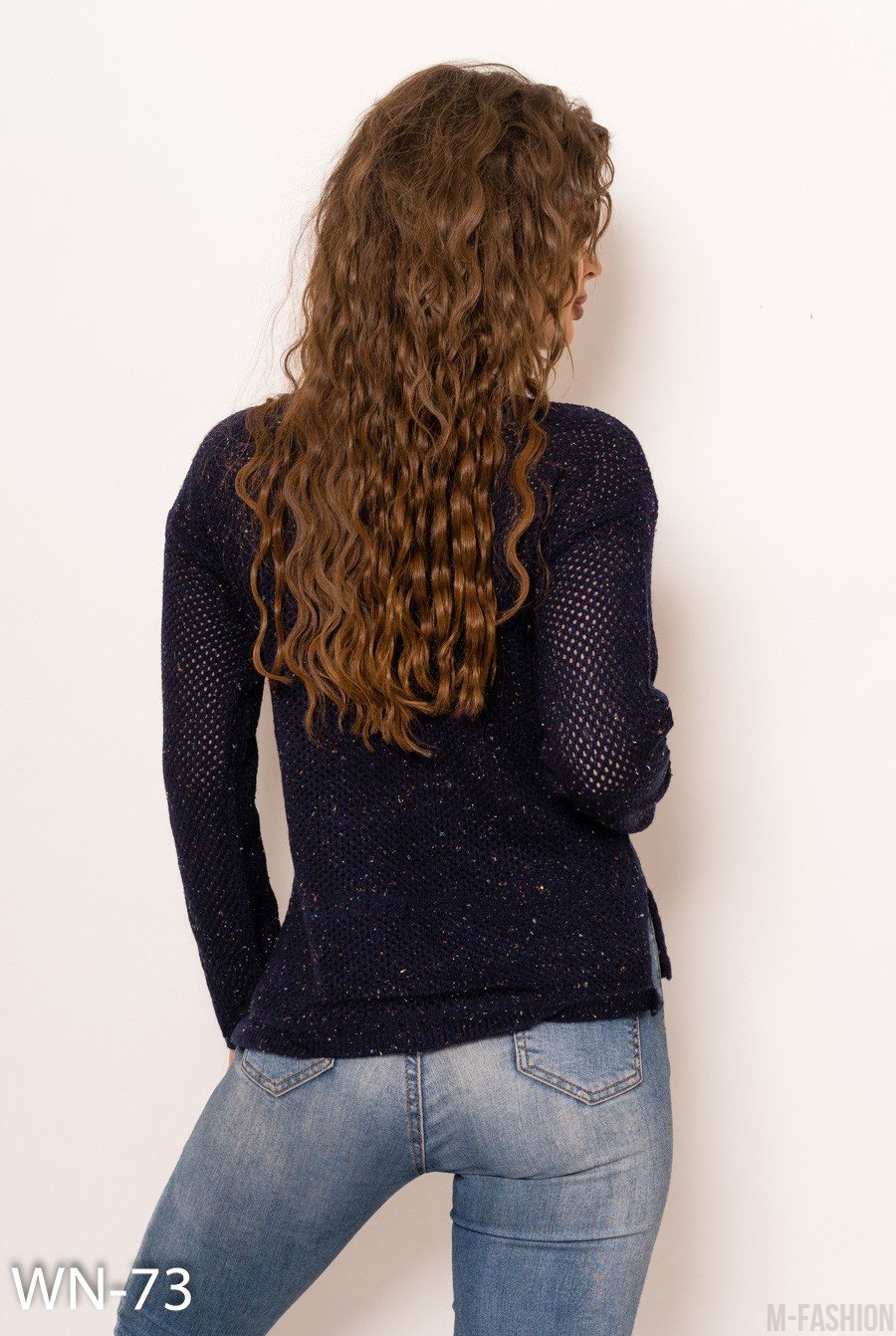 Темно-синий меланжевый ангоровый свитер с перфорированной вязкой- Фото 3