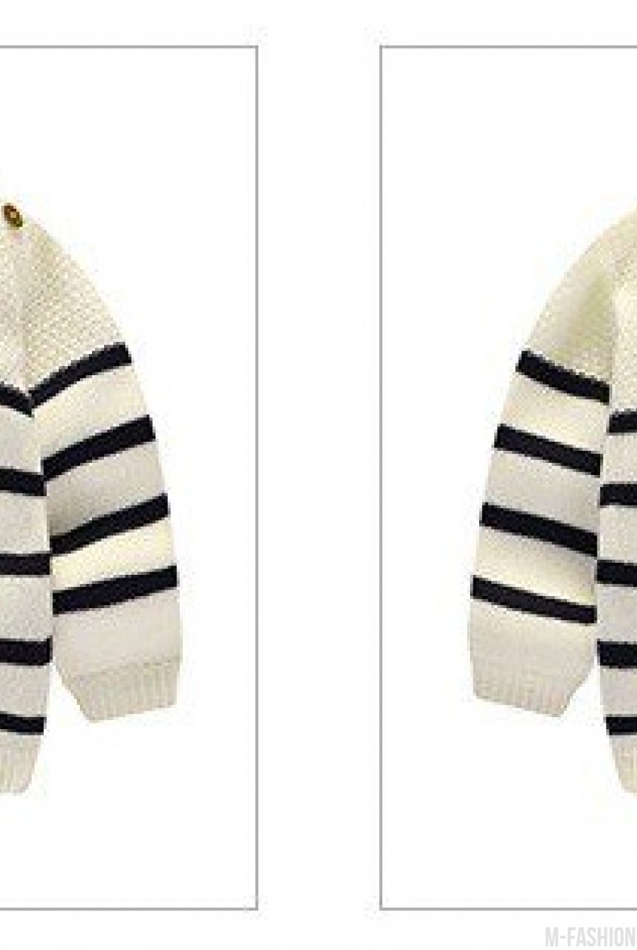 Белый теплый свитер в полоску с пуговицами на плече- Фото 2