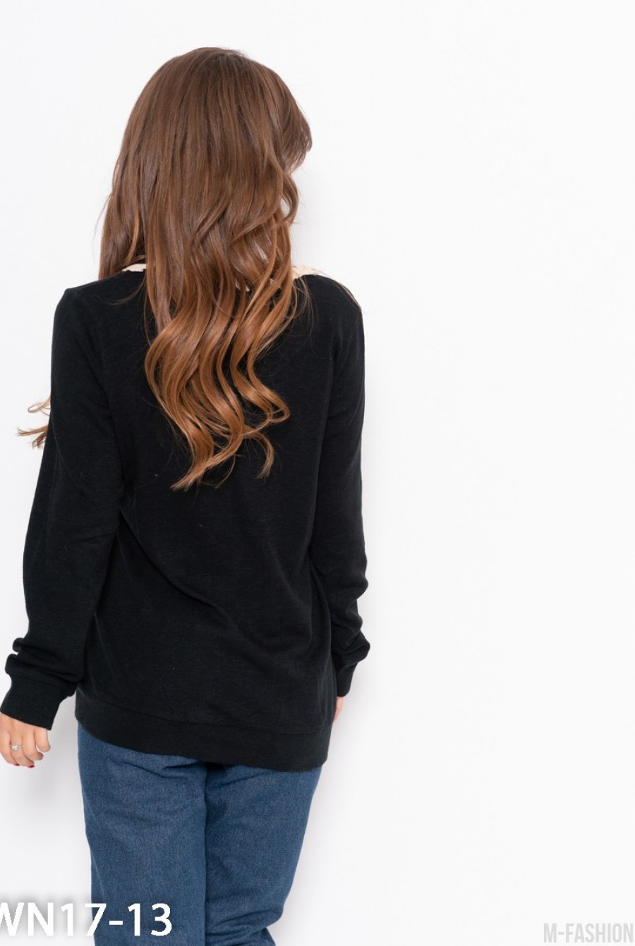 Черный ангоровый свитер с широкой планкой- Фото 3