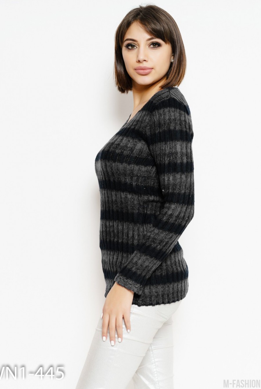 Черный полосатый свитер удлиненного кроя- Фото 2