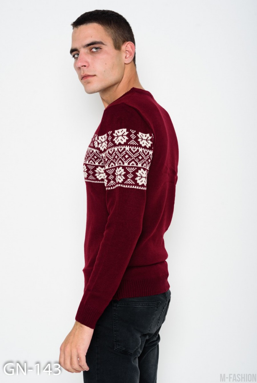 Бордовый шерстяной вязаный свитер с этническим узором- Фото 2