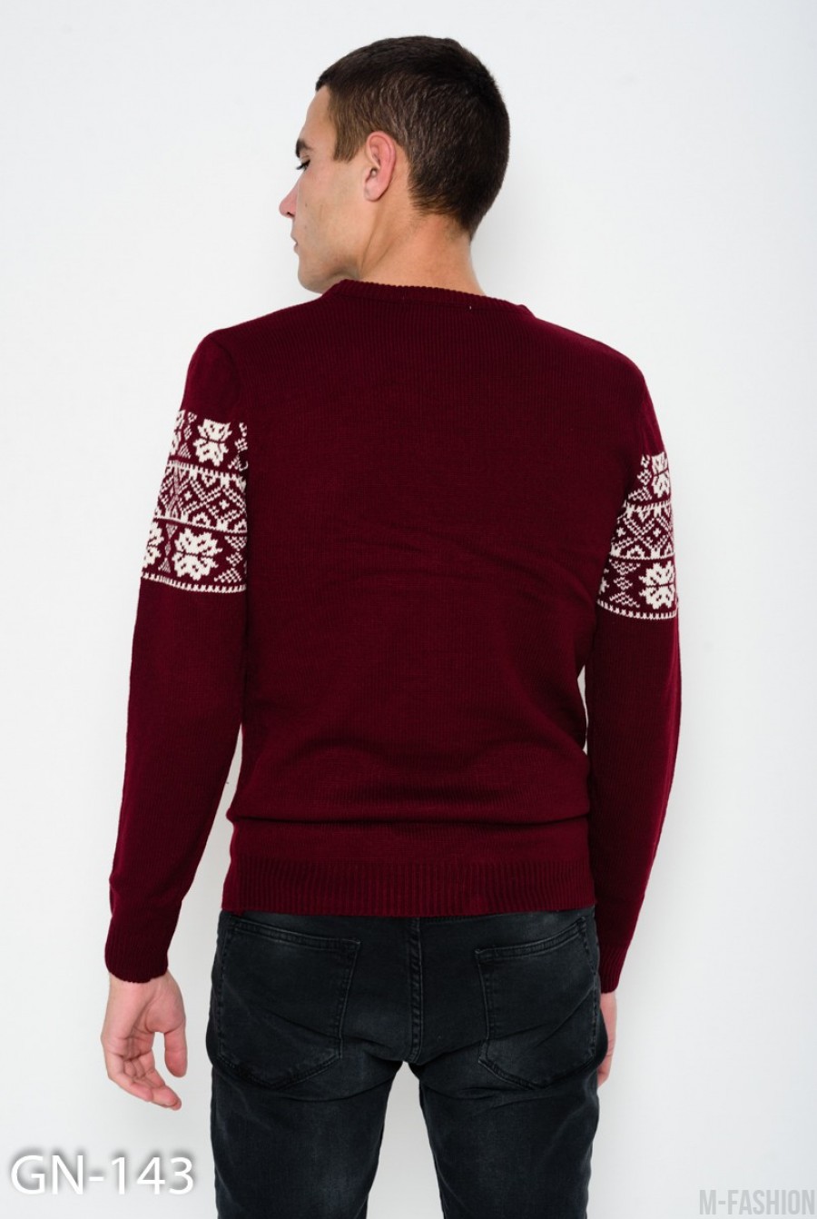 Бордовый шерстяной вязаный свитер с этническим узором- Фото 3