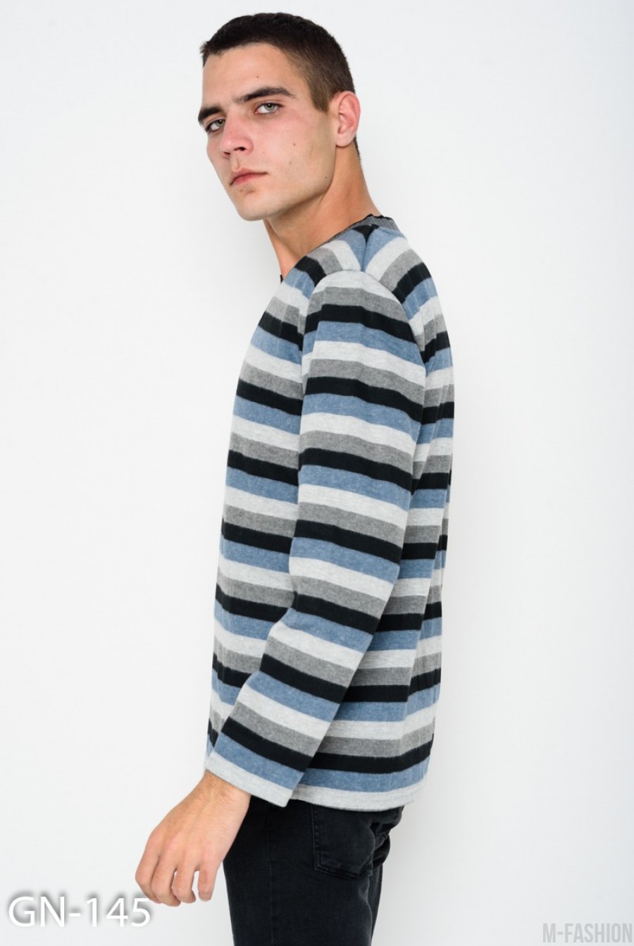 Серо-голубой ангоровый свитер в полоску с V-образной манжеткой на горловине- Фото 2