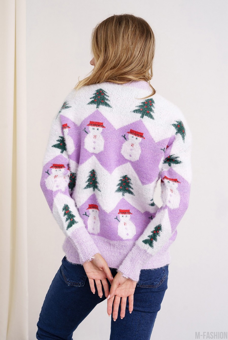 Мохеровый сиреневый теплый свитер со снеговиками- Фото 3