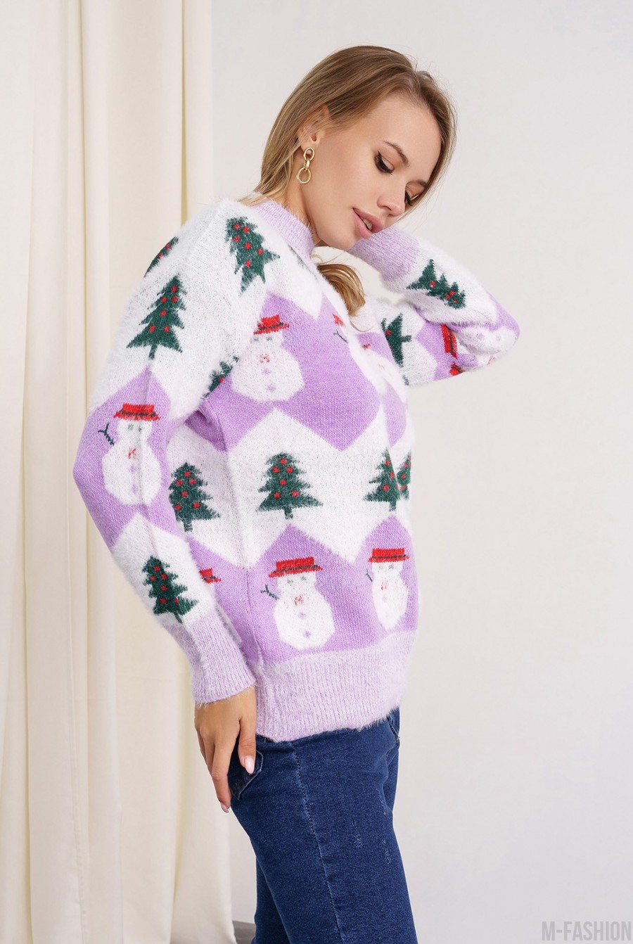 Мохеровый сиреневый теплый свитер со снеговиками- Фото 2