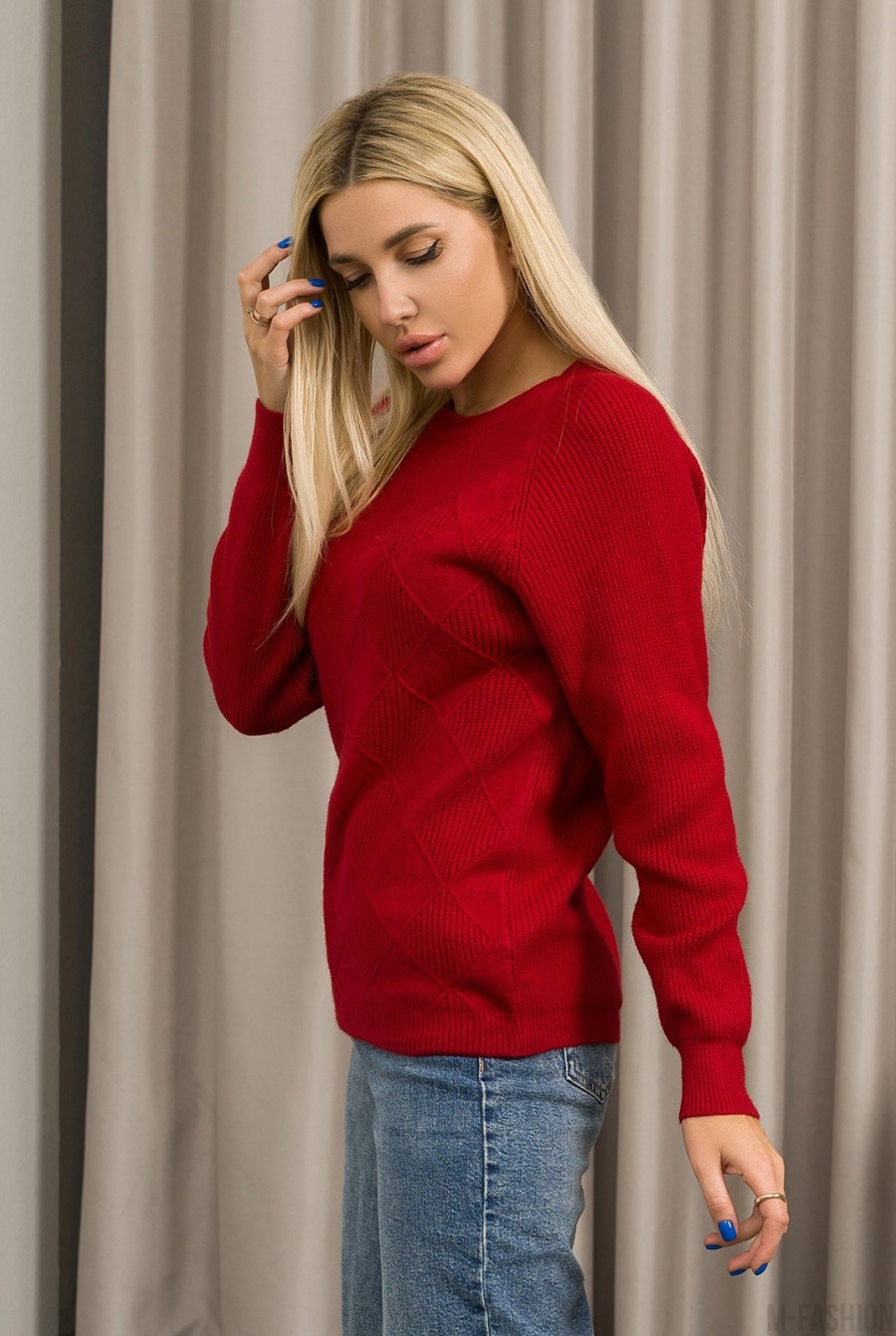 Бордовый ангоровый свитер с геометрическим узором- Фото 2