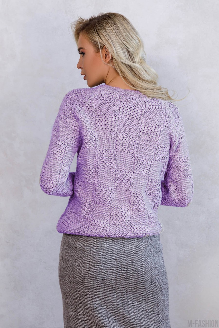Сиреневый шерстяной клетчатый свитер с люрексом- Фото 3