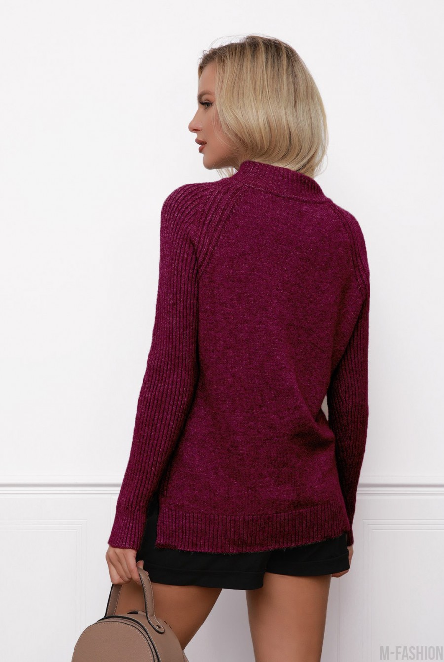 Фиолетовый шерстяной свитер с фактурными вставками- Фото 3