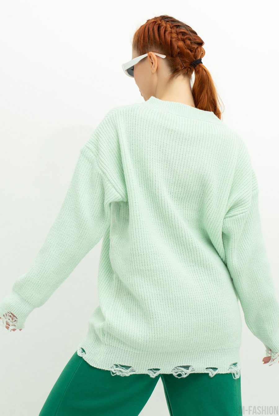 Мятный вязаный пуловер с перфорацией- Фото 4