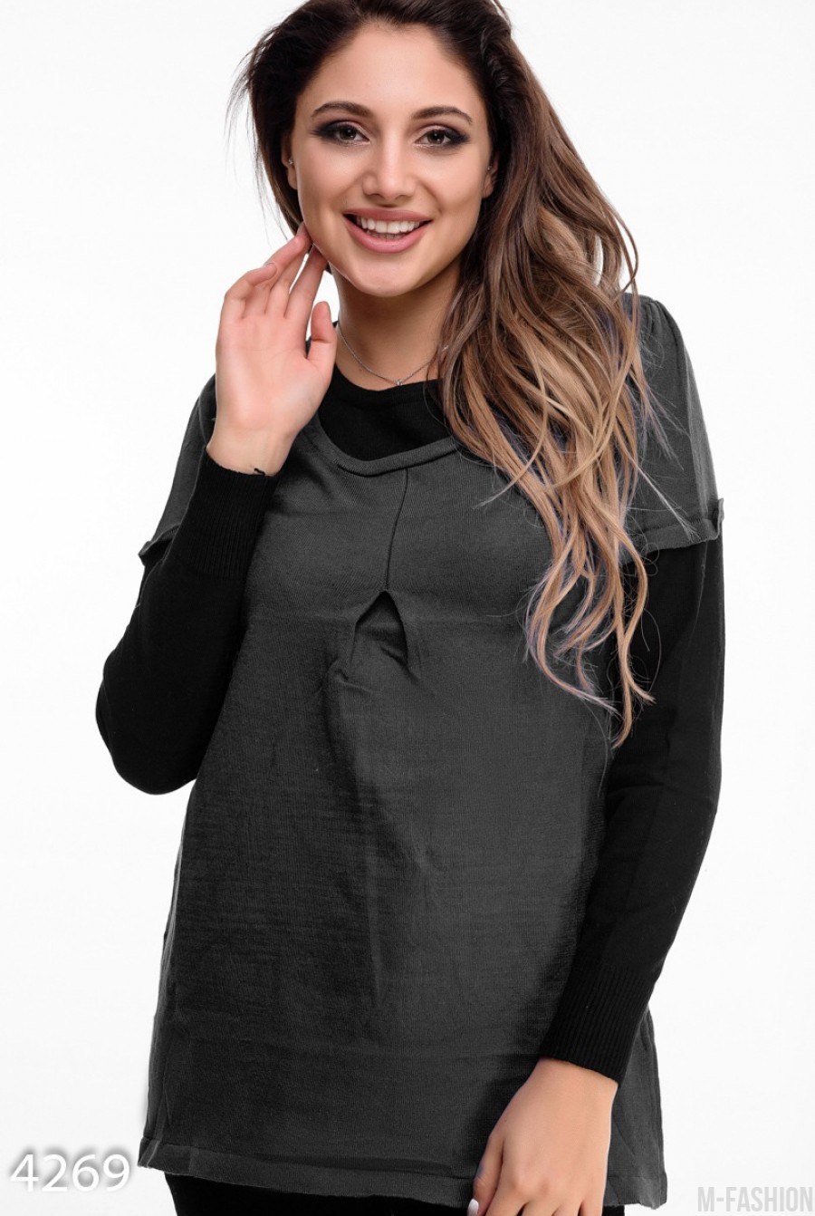 Темно-серый комбинированный свитер с эффектом "двойки" - Фото 1