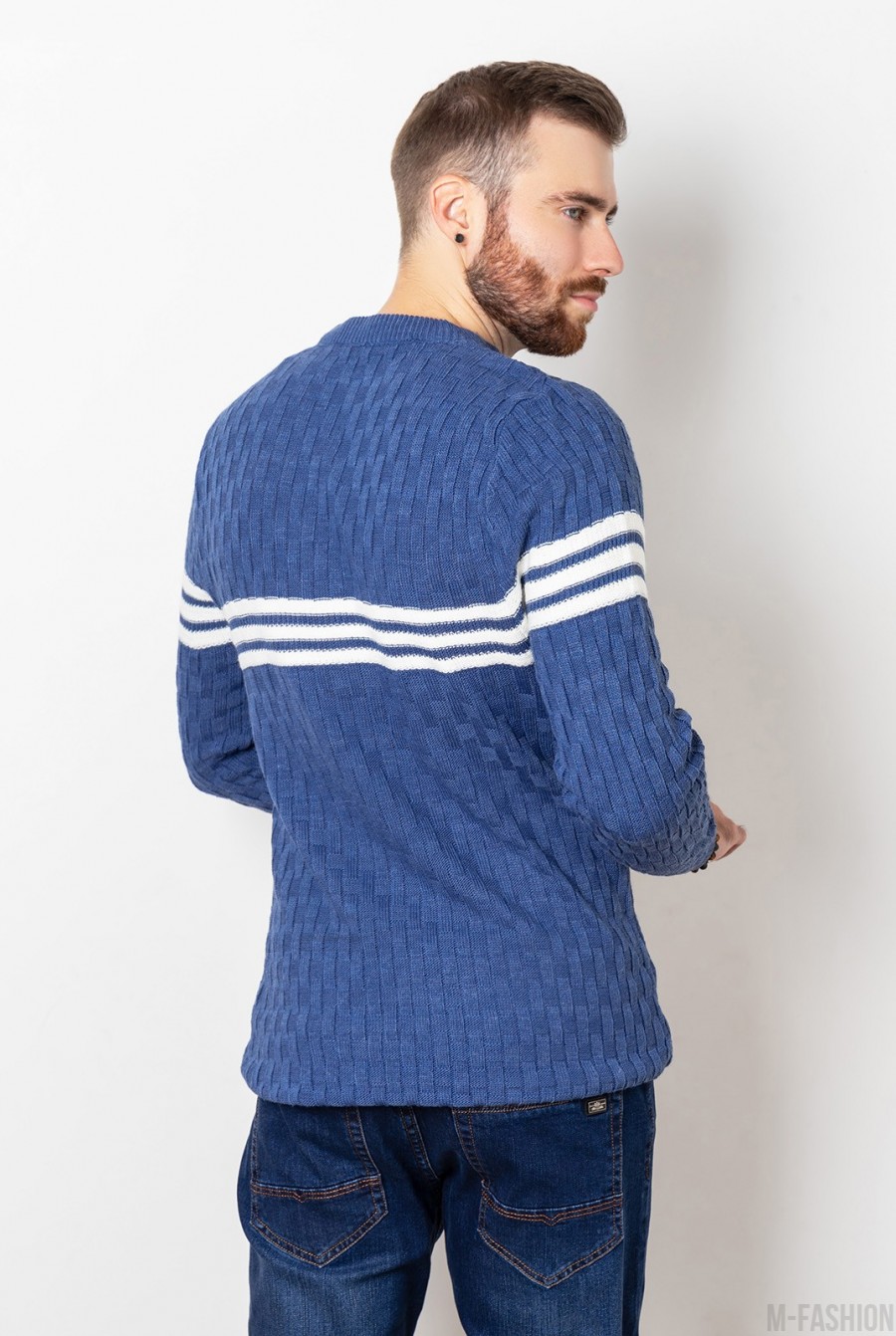 Синий вязаный свитер с горизонтальными полосками- Фото 3