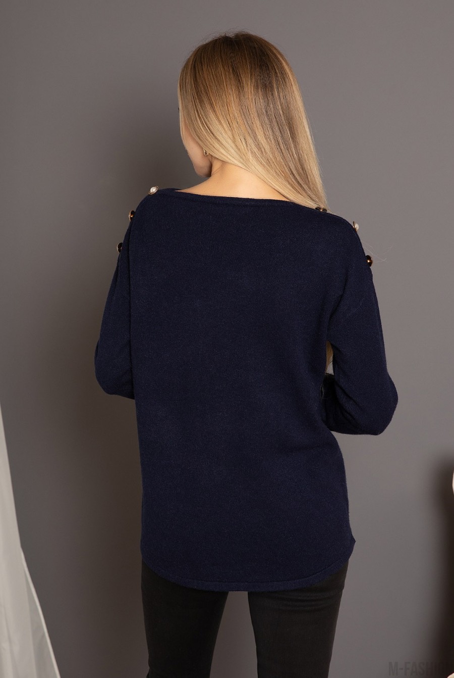 Темно-синий ангоровый свитер с пуговицами на плечах- Фото 3