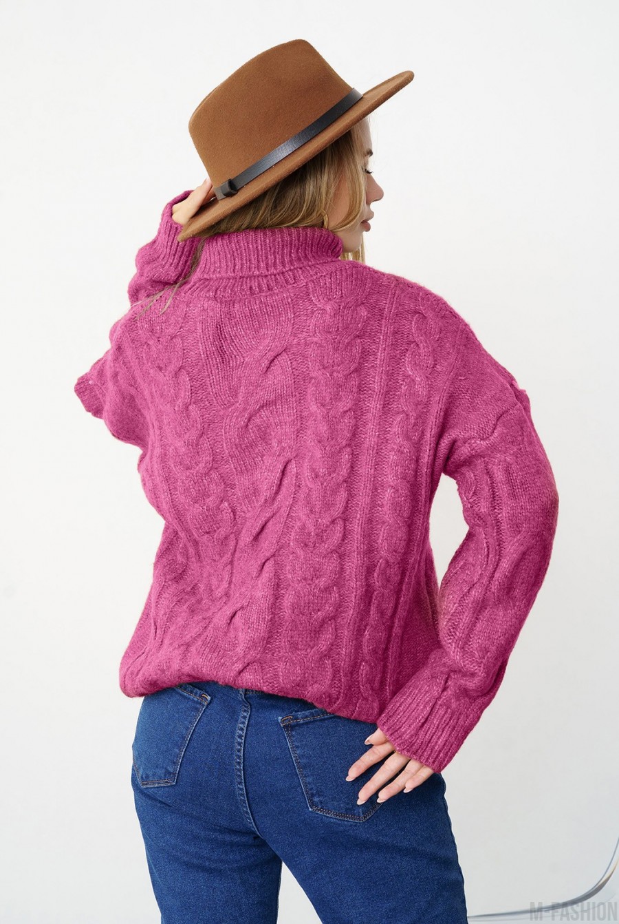 Фиолетовый шерстяной вязаный свитер с аранами- Фото 3