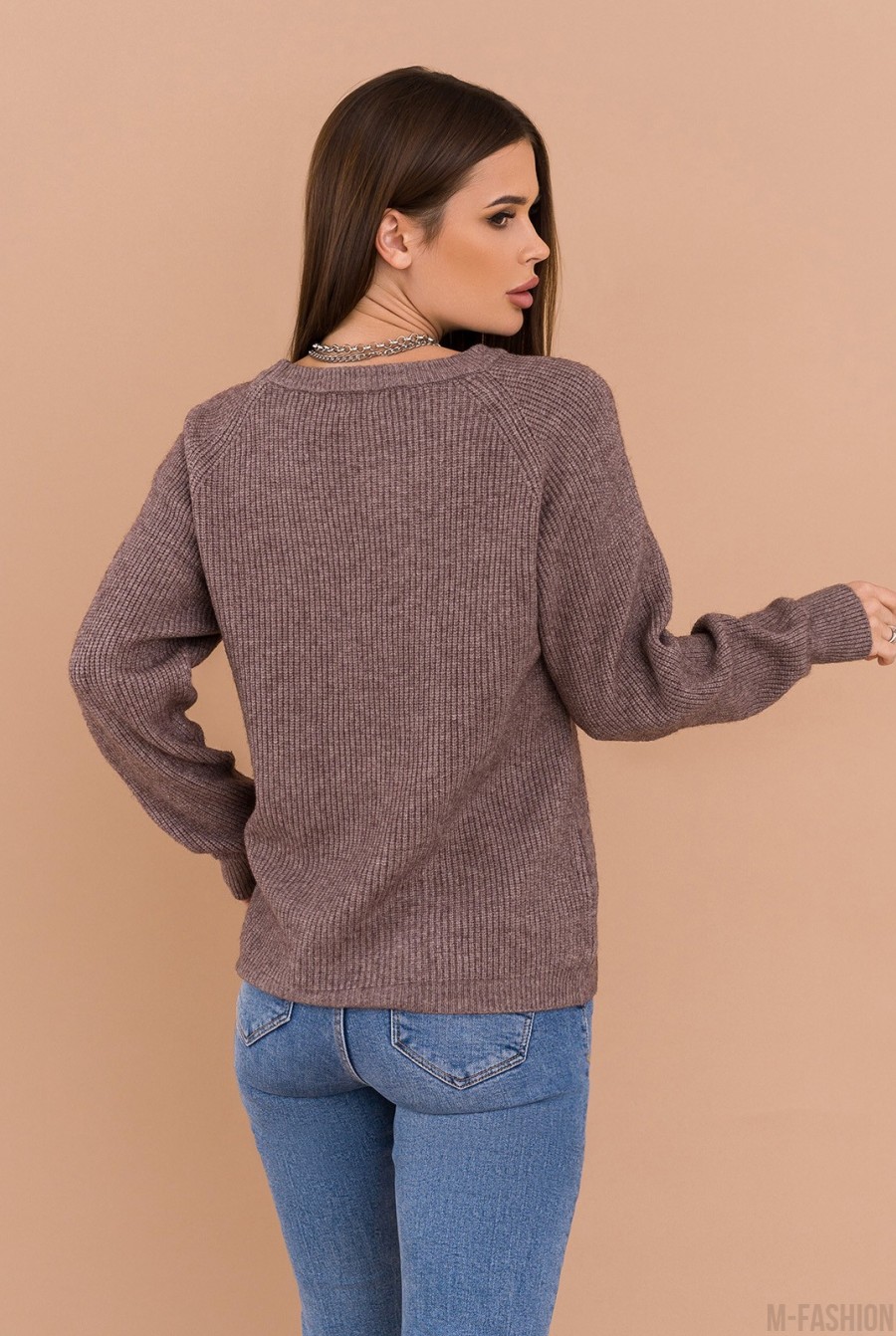 Коричневый ангоровый свитер с геометрическим узором- Фото 3