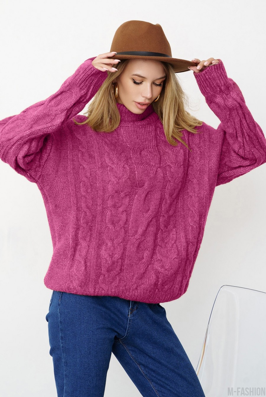 Фиолетовый шерстяной вязаный свитер с аранами - Фото 1