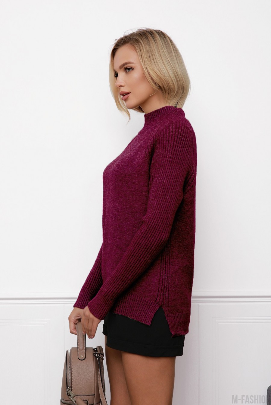 Фиолетовый шерстяной свитер с фактурными вставками- Фото 2