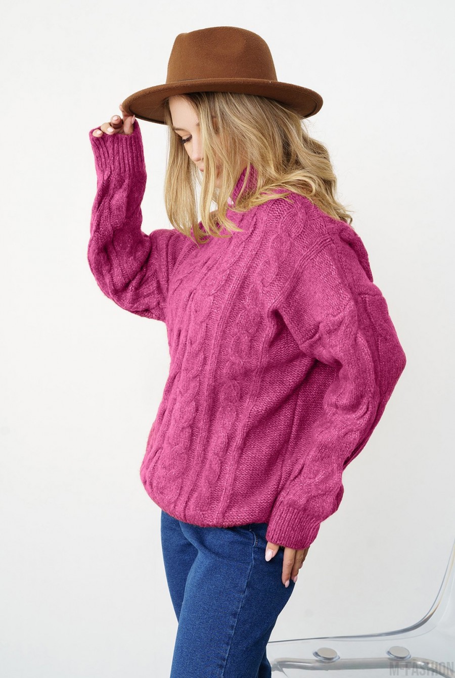 Фиолетовый шерстяной вязаный свитер с аранами- Фото 2