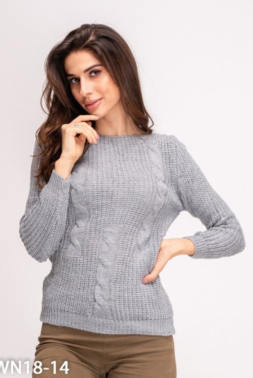 Серый шерстяной теплый свитер комбинированной вязки
