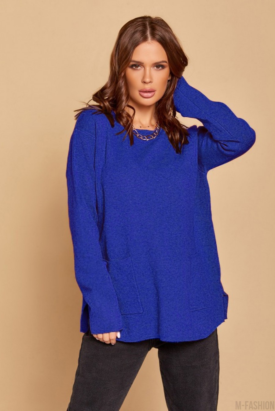Синий асимметричный свитер с карманами - Фото 1
