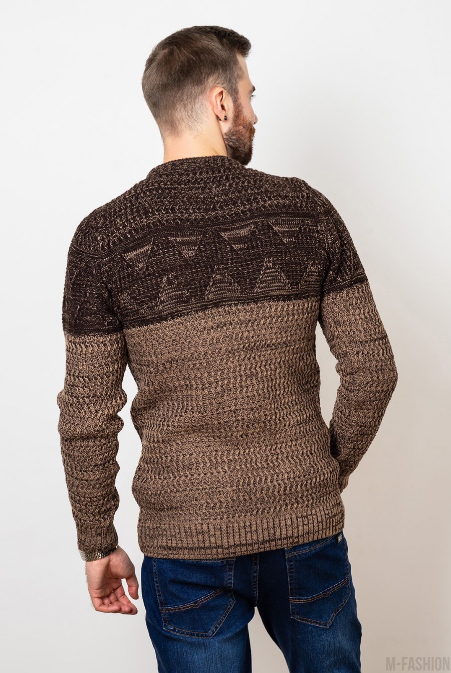 Коричневый шерстяной свитер комбинированной вязки- Фото 3