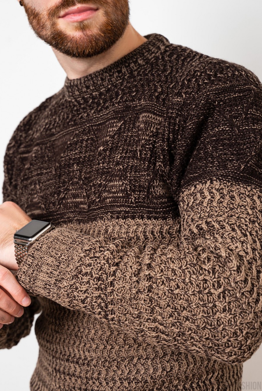 Коричневый шерстяной свитер комбинированной вязки- Фото 4