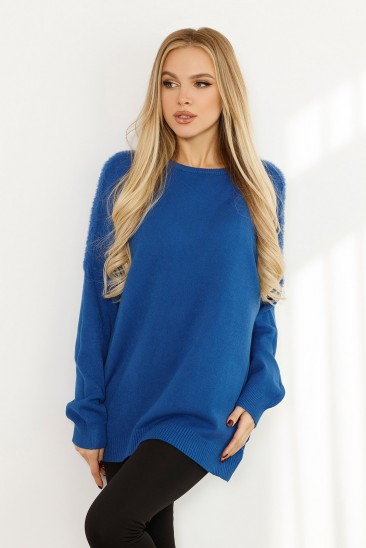 Синий ангоровый свободный свитер с вставками