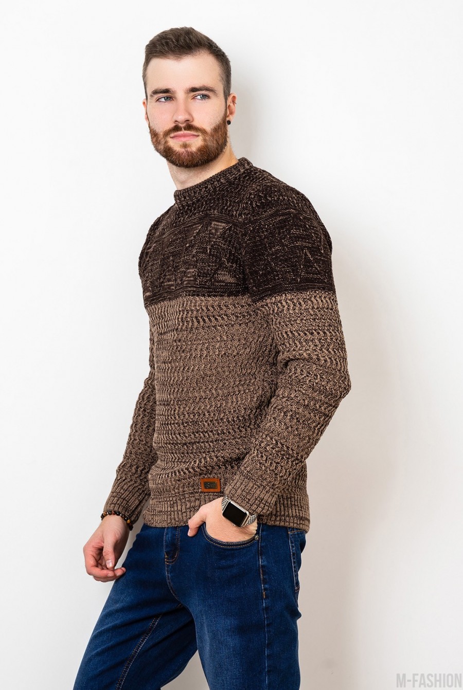 Коричневый шерстяной свитер комбинированной вязки- Фото 2