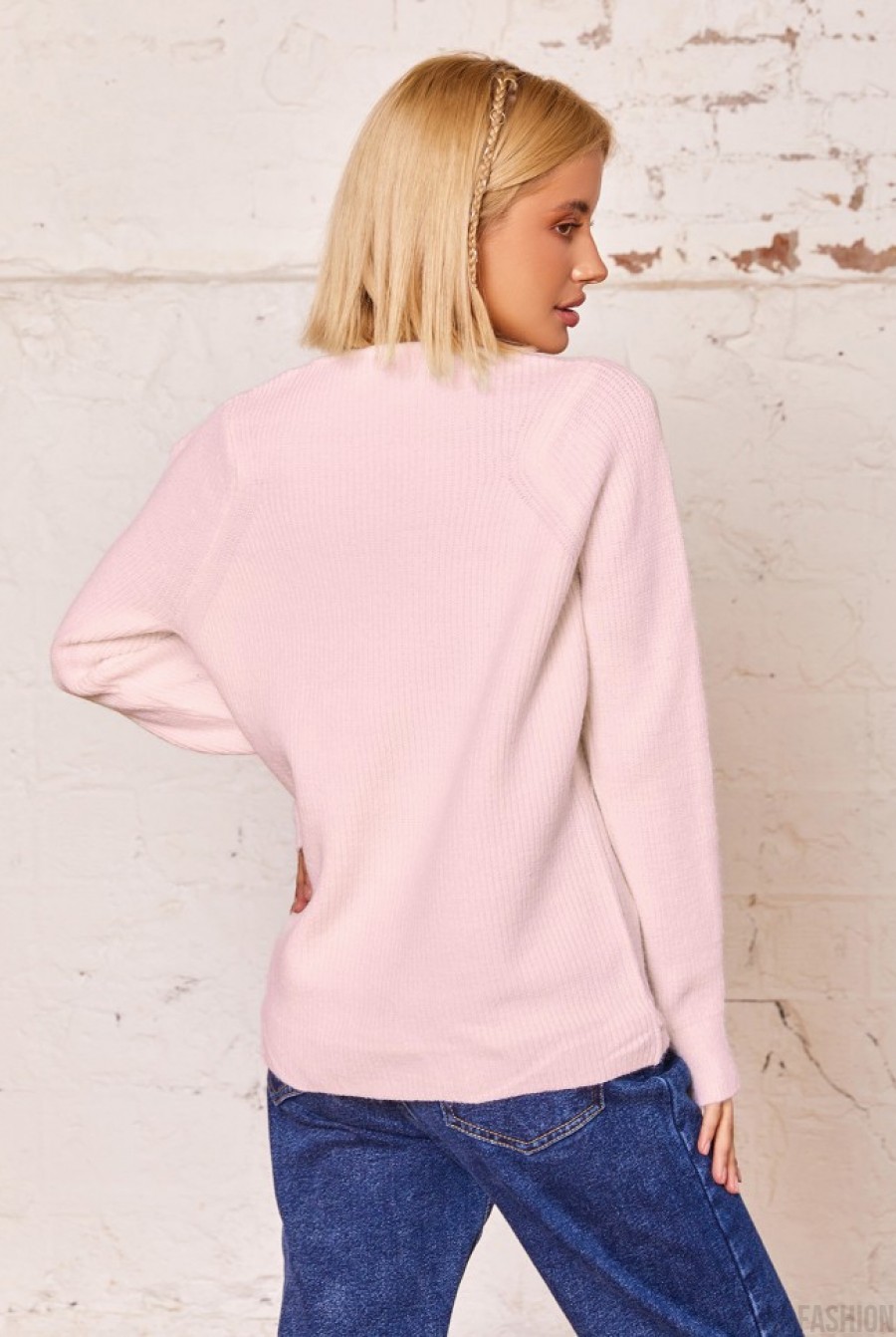 Розовый шерстяной свитер с фигурной горловиной- Фото 3