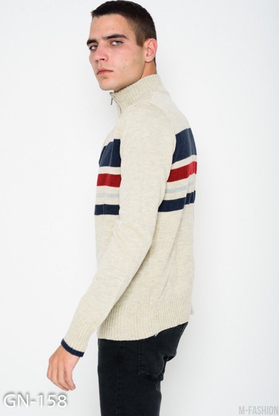 Бежевый меланжевый полосатый шерстяной свитер с молнией на горловине- Фото 2