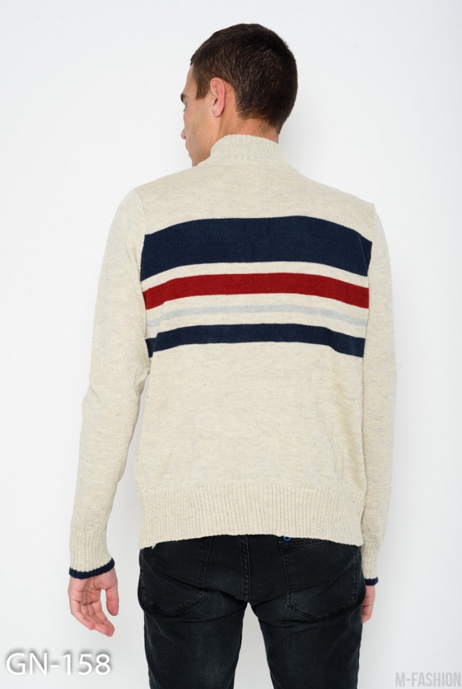 Бежевый меланжевый полосатый шерстяной свитер с молнией на горловине- Фото 3