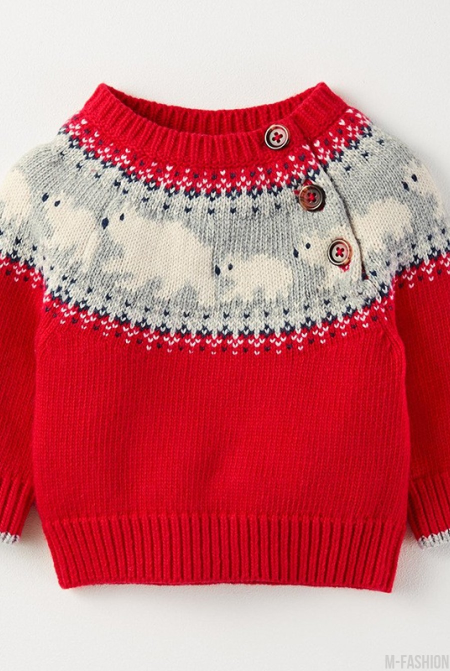 Теплый красный свитер с серой вставкой и пуговицами- Фото 2