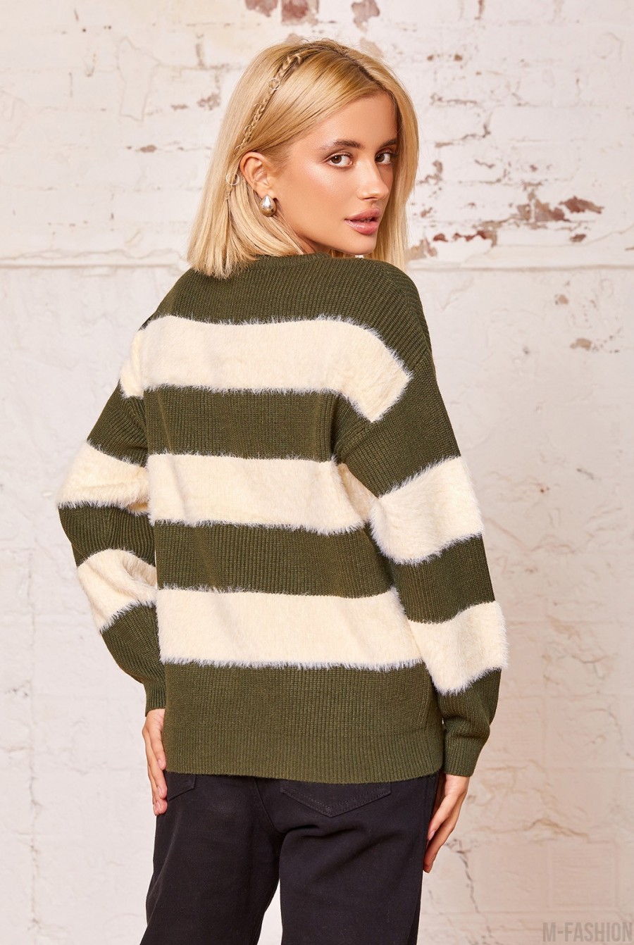 Зелено-белый комбинированный полосатый свитер- Фото 3
