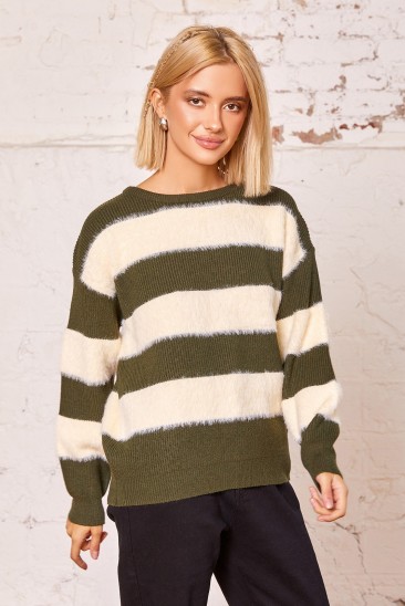 Зелено-белый комбинированный полосатый свитер