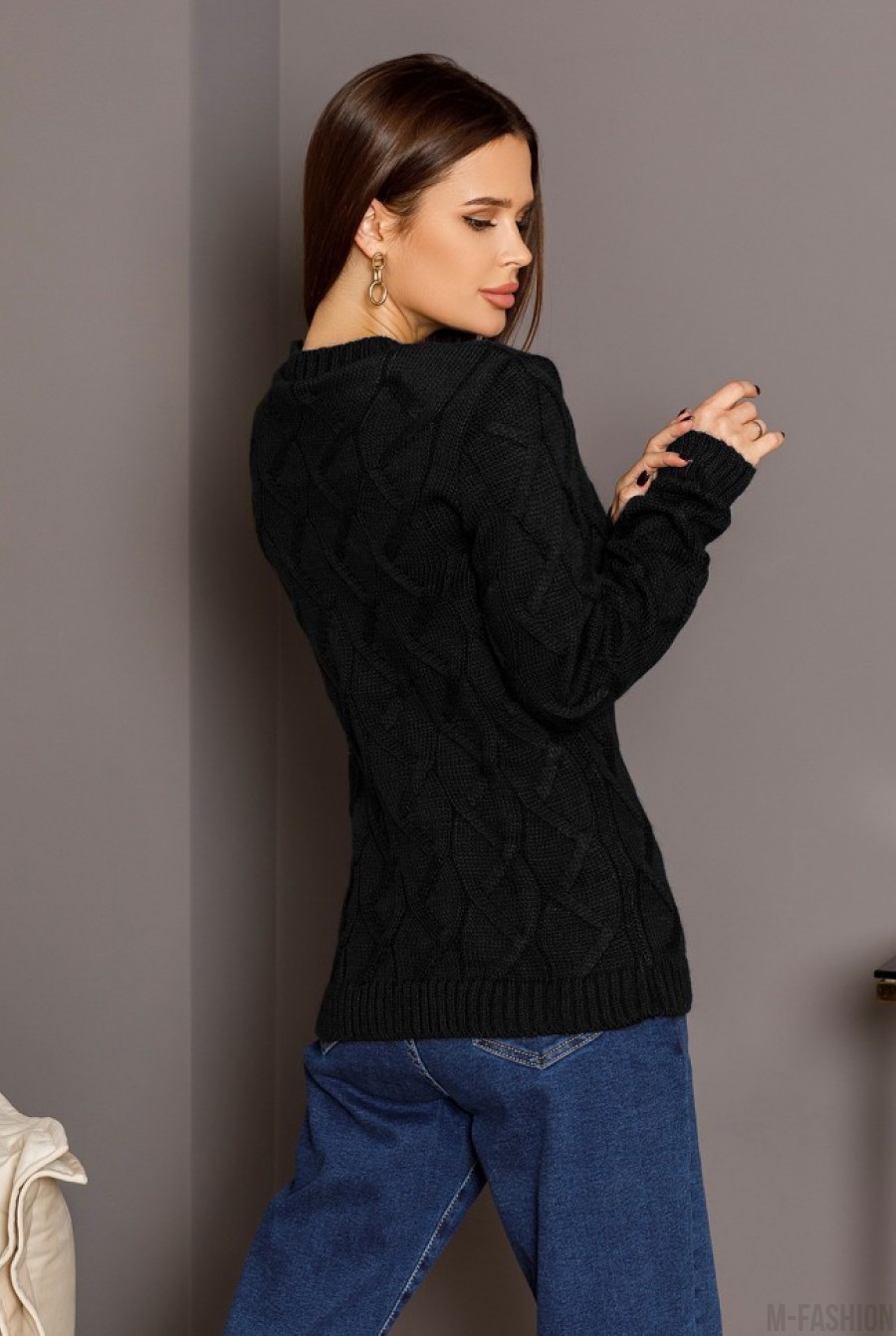Черный шерстяной свитер объемной комбинированной вязки- Фото 2