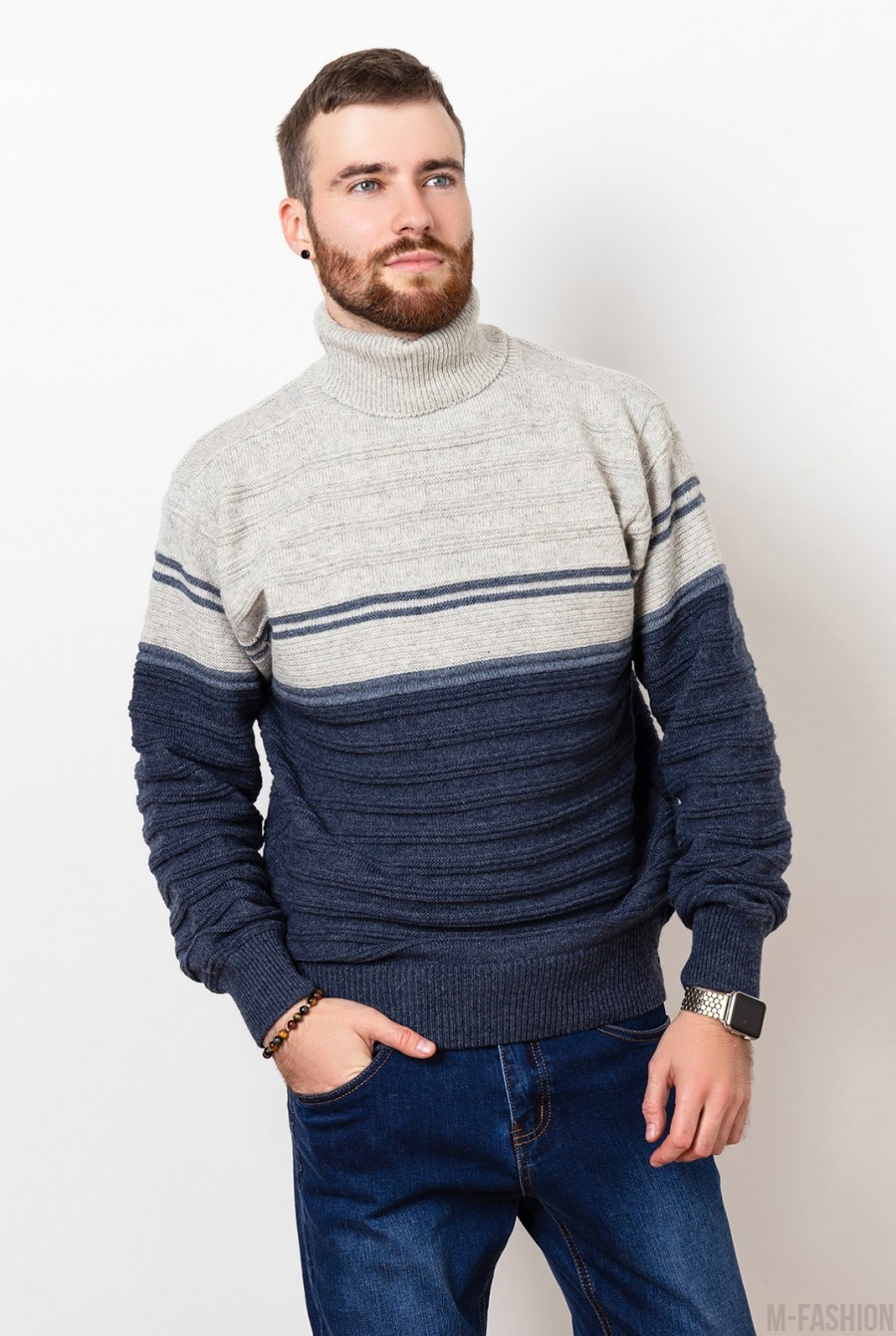 Серо-синий шерстяной свитер с высоким горлом - Фото 1