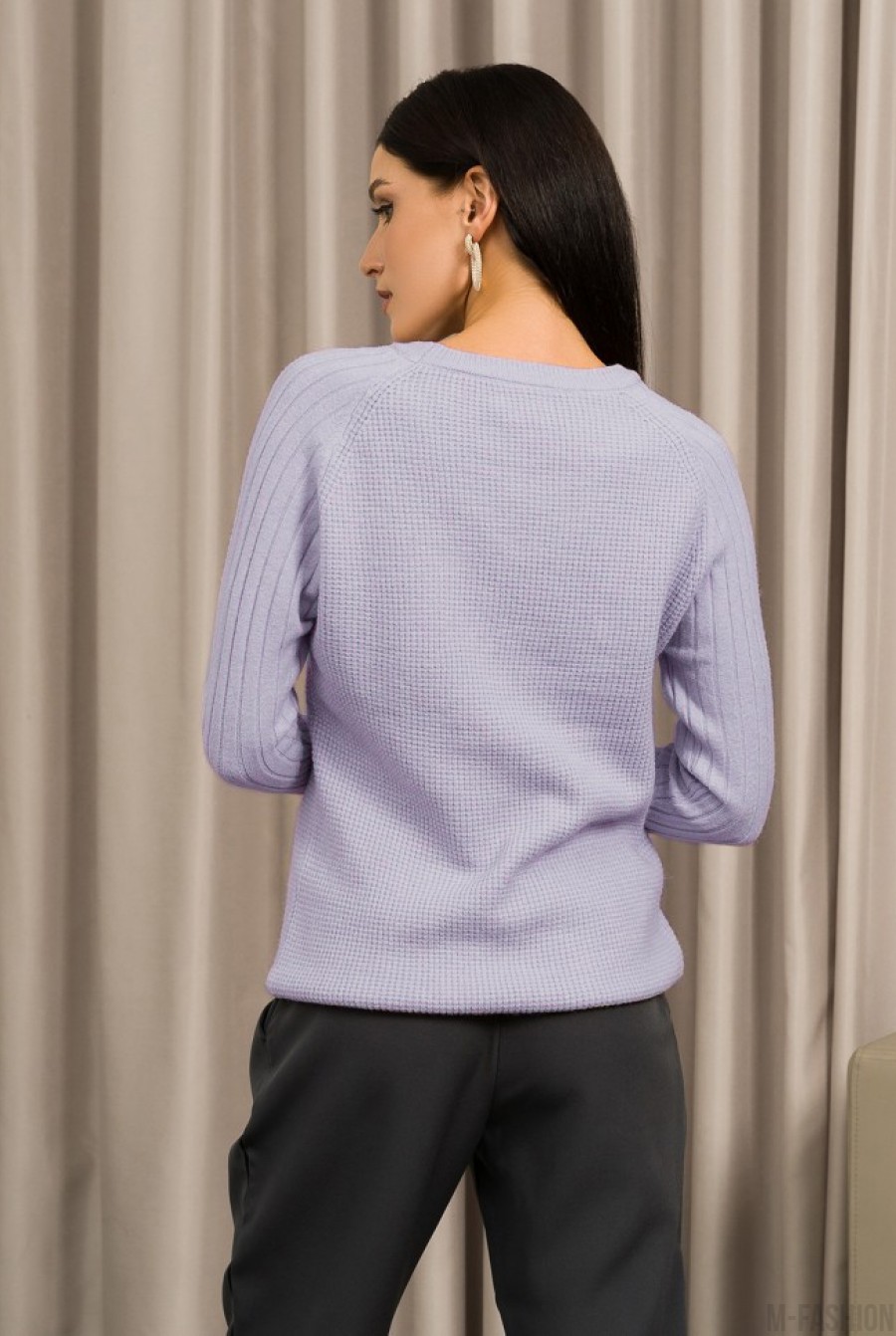 Светло-сиреневый ангоровый свитер комбинированной вязки- Фото 3