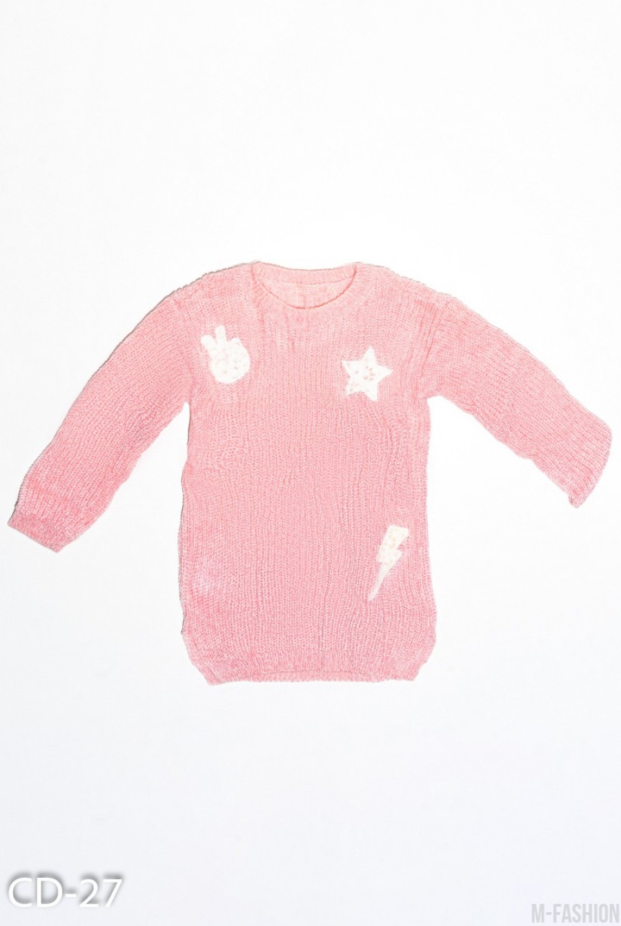 Розовый вязаный свитер с кружевными белыми нашивками - Фото 1