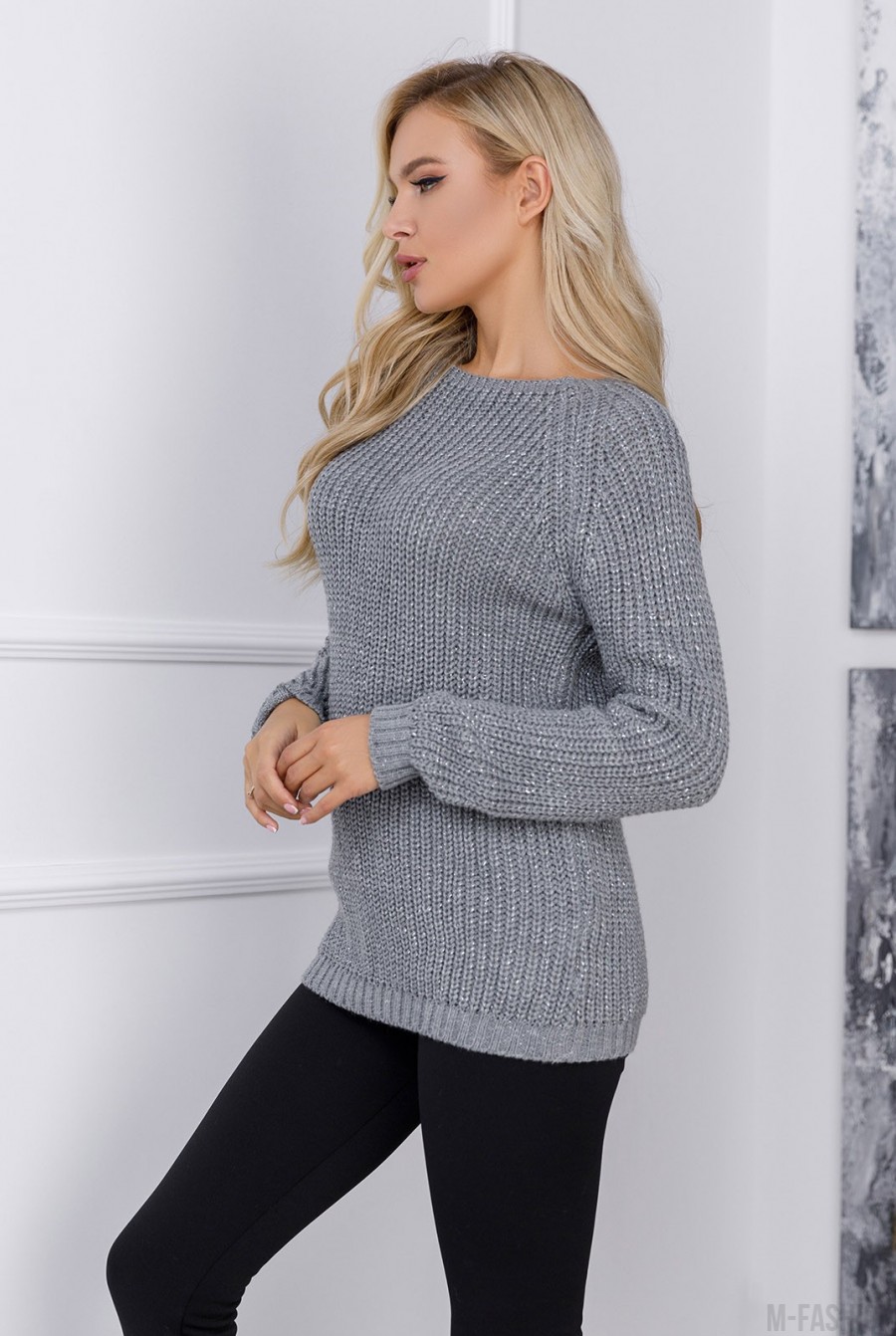 Серый вязаный свитер из шерсти с люрексом- Фото 2