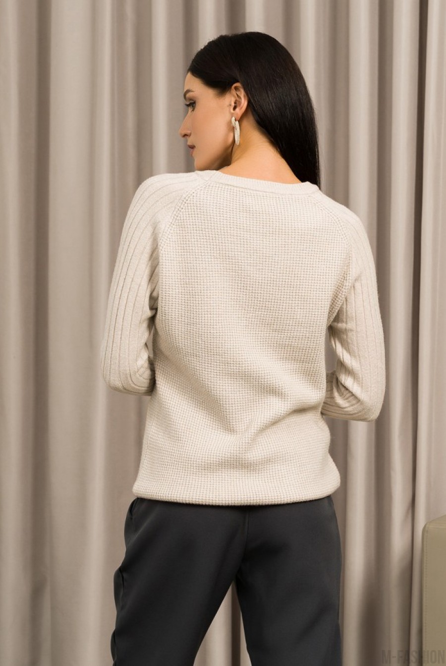 Бежевый ангоровый свитер комбинированной вязки- Фото 3