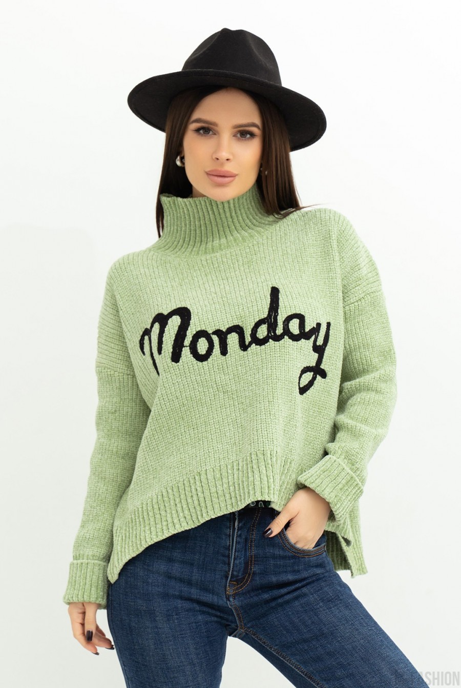 Мятный мохеровый свитер с надписью - Фото 1