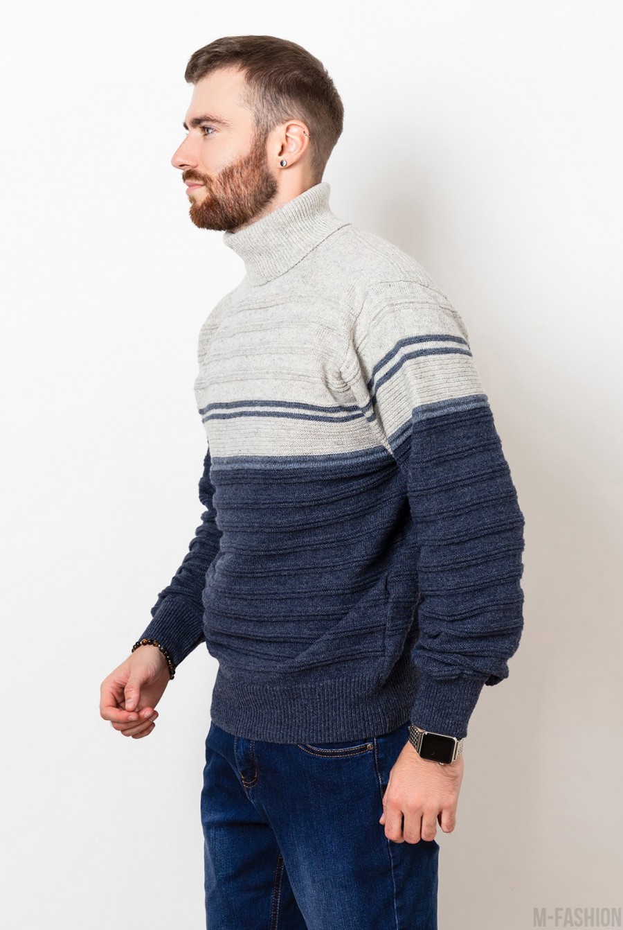Серо-синий шерстяной свитер с высоким горлом- Фото 2