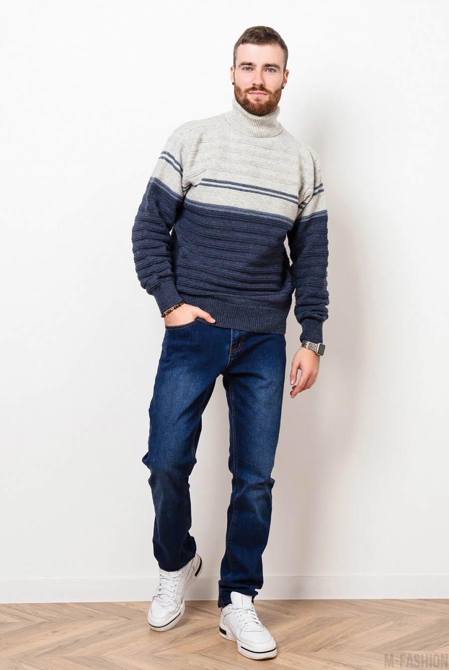 Серо-синий шерстяной свитер с высоким горлом- Фото 4
