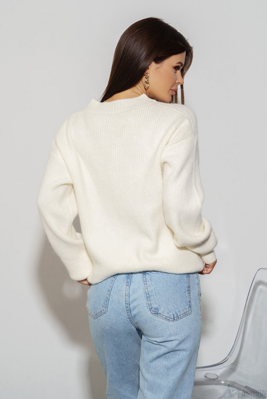 Молочный шерстяной вязаный пуловер- Фото 3