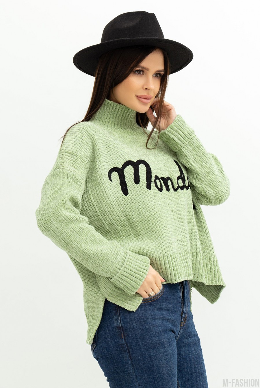 Мятный мохеровый свитер с надписью- Фото 2