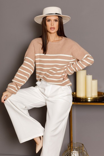 Бежево-белый вязаный полосатый свитер с люрексом