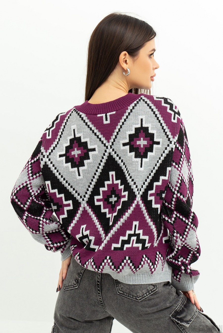 Фиолетовый свободный свитер с орнаментом- Фото 3