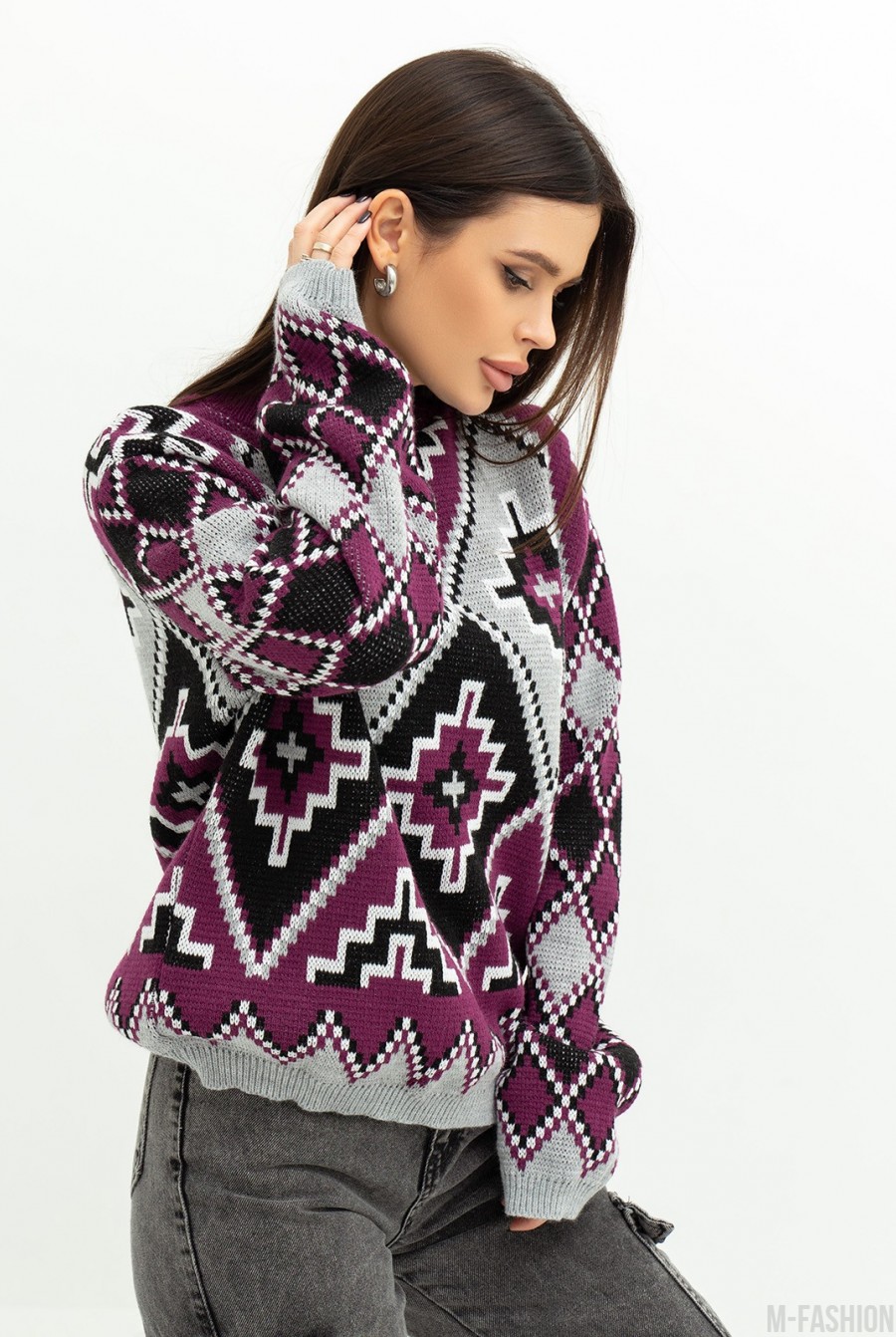Фиолетовый свободный свитер с орнаментом- Фото 2