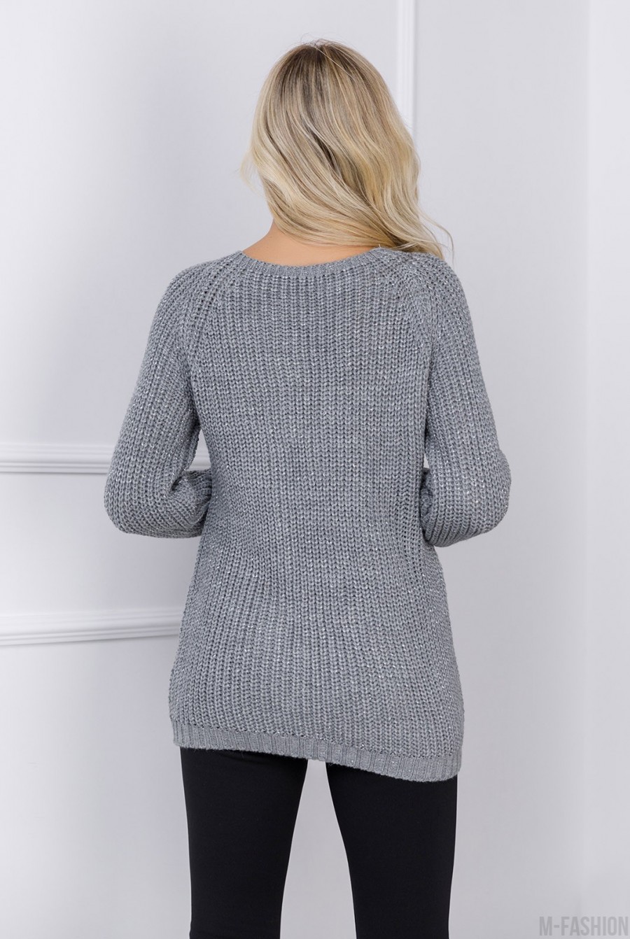 Серый вязаный свитер из шерсти с люрексом- Фото 3