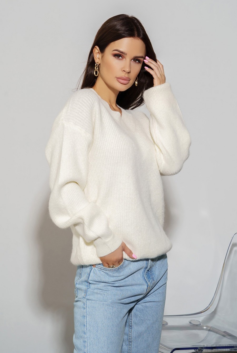 Молочный шерстяной вязаный пуловер- Фото 2
